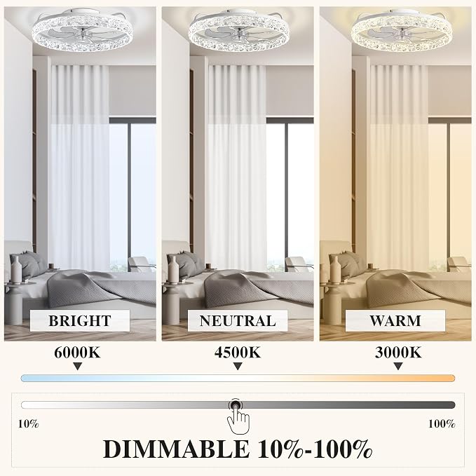 Ceiling Fans with Lights and Remote Fandelier - 20'' Flush Mount Crystal & White Low Profile Modern Ceiling Fans for Bedroom - Stepless Color Temperature and 6 Speeds
