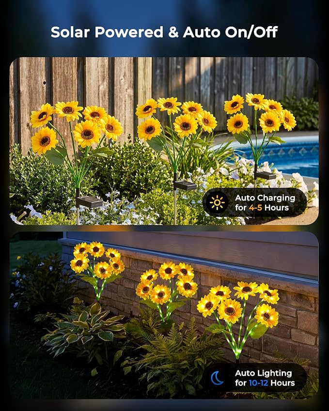 Brightown 3 Pack 6 Head Solar Sunflower Garden Stake Lights Waterproof | 18 glowing stem sunflowers, waterproof solar powered, auto on off decorative stakes for yard, patio, lawn outdoor decoration
