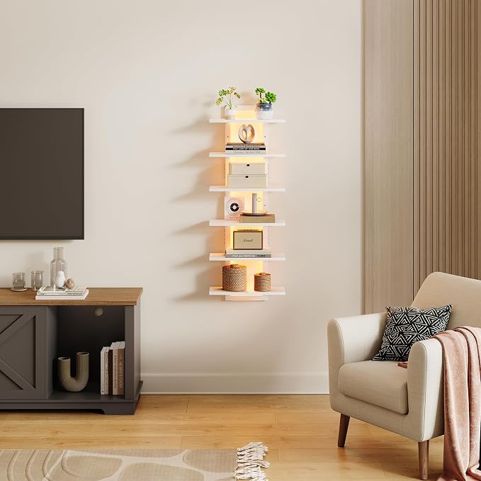 6 Tier Wall Shelf Unit Floating Shelves with LED Light, Vertical Wall Shelf, Wall Mounted Display Shelf for Living Room, Bedroom, Vanity, 15" W x 5.9" D x 43.3" H, White