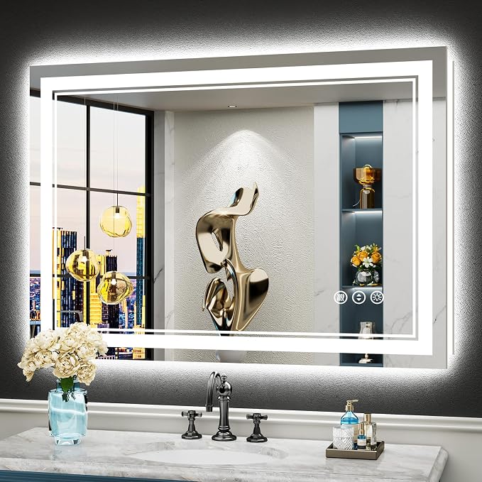 44x30 LED Bathroom Mirror, Backlit & Front Lit Lighted Mirror | Anti-Fog Vanity Mirror with Lights, 3 Color Dimmable, Memory, HD Tempered Glass, CRI95, IP54, UL Listed, Horizontal/Vertical