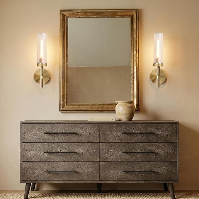 15" Knurled Brass Bathroom Wall Sconces,Frosted Glass Tube Brass Sconces Wall Lighting,Handmade Modern Hardwired Wall Sconce for Vanity,Mirror,Bedroom,Living Room,Hallway