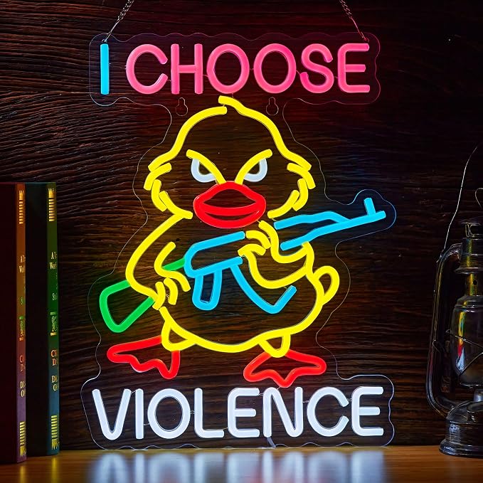 I Choose Violence Duck Neon Sign Goose Gun LED Light AK 47 Decor, USB Powered Dimmable Morale Art Signs for Pub Store Man Cave Room 16.5 X 12.6 inch