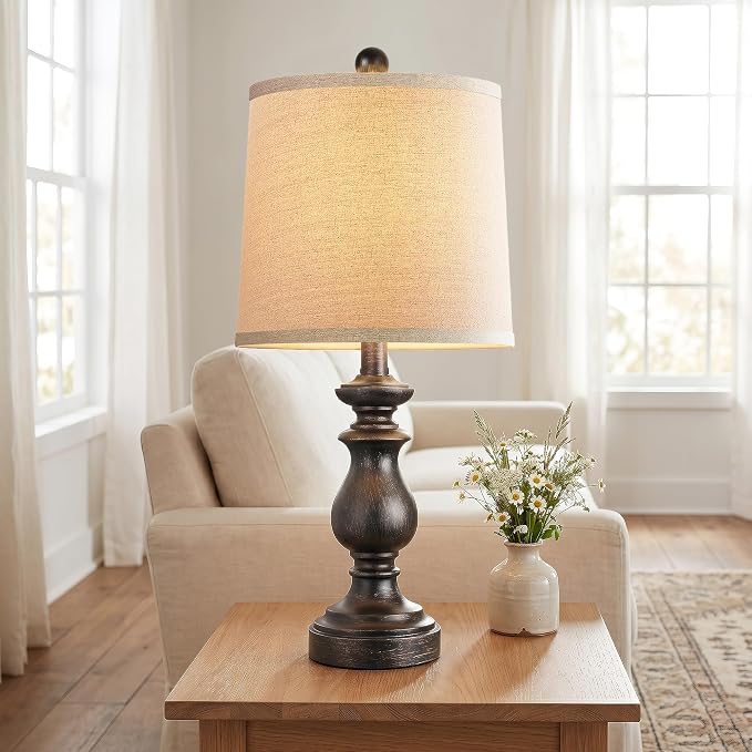 Traditional Table Lamp Set of 2, Rustic Farmhouse Table Lamps for Living Room Bedroom, 22" Bedside Desk Lamps Vintage Nightstand Lamps with Linen Shades, Oil Rubbed Bronze
