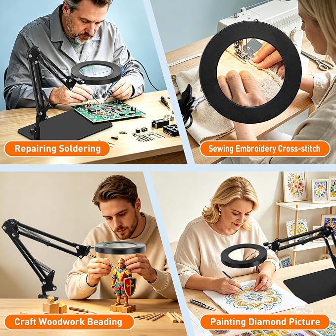 KIRKAS 12X Magnifying Glass with Light and Stand, 2-in-1 Real Glass Lens | Magnifying Desk Lamp with Clamp, 3 Color Modes Stepless Dimmable Magnifier Light for Repair, Reading, Craft, Sewing - Black