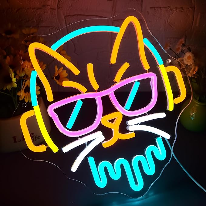 DJ Cat Neon Sign for Wall Decor Dimmable DJ Cat Neon Light for Man Cave Music Birthday Gifts for Lovers LED Rock Sign for Music Room Record Studio Bedroom Bar Party 11.9 * 11.8In (WZCP177)