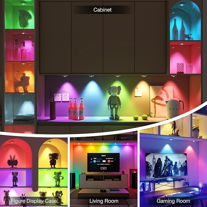 RGB Puck Lights with Remote Control,Under Cabinet Lighting,Silver,5PCS | 2000mAh Battery Operated Tap Lights Rechargeable, 9 Colors & 2 Dynamic Changing, Magnetic Stick on Light for Closet