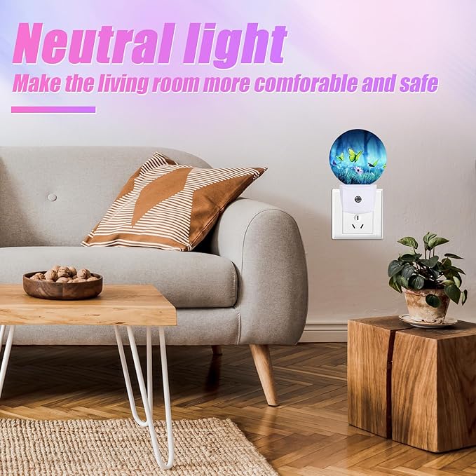 Butterfly Night Light Misty Forest Night Lights LED Lamp Round Plug into Wall Nightlight with Dusk to Dawn Sensor Home Hallway Stairway Kitchen Decor
