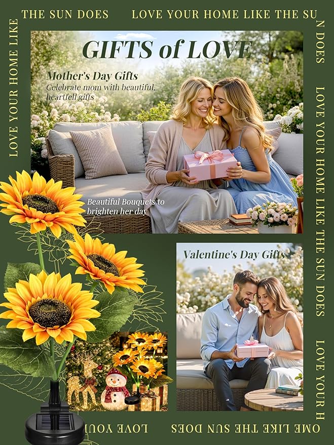 GIGALUMI Solar Sunflower Decor, 2 Pack LED Sunflower Gifts for Women | 3 Lighting Mode, Auto On/Off/Flash, Garden Decor, Waterproof Solar Garden Lightsoutdoor Outdoor Fall Decor for Patio, Yard