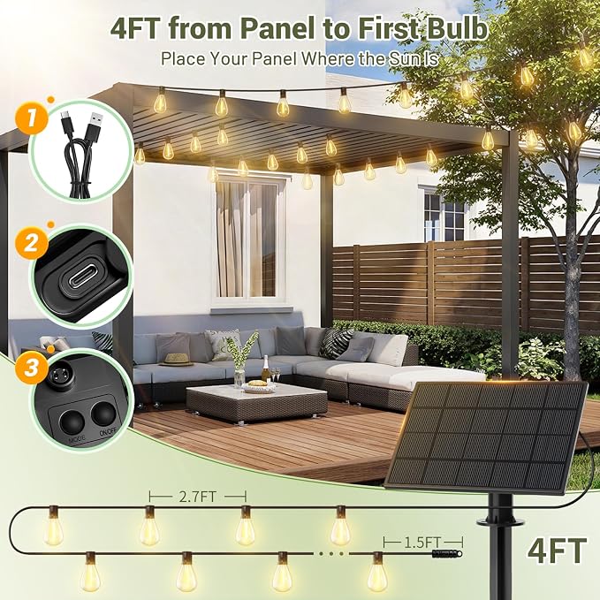 30FT Solar String Lights Waterproof, 10+1 LED Shatterproof Bulbs Solar Powered with Remote & USB Port, 3 Modes Dimmable Outdoor Lights for Patio, Garden, Camping