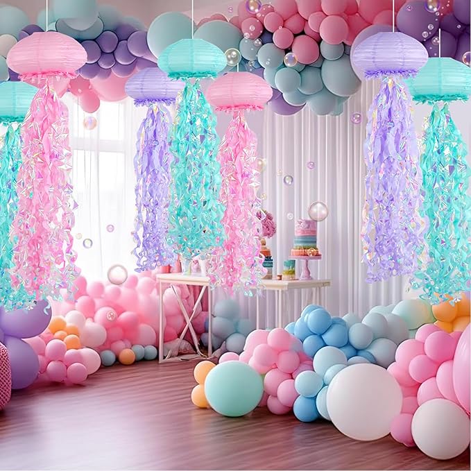 ADLKGG Jellyfish Paper Lanterns, Under The Sea Party Decorations, 6pcs Hanging Jelly Fish for Mermaid Ocean Themed Birthday Party Decorations, Baby Shower Classroom Decor (Blue Pink Purple）