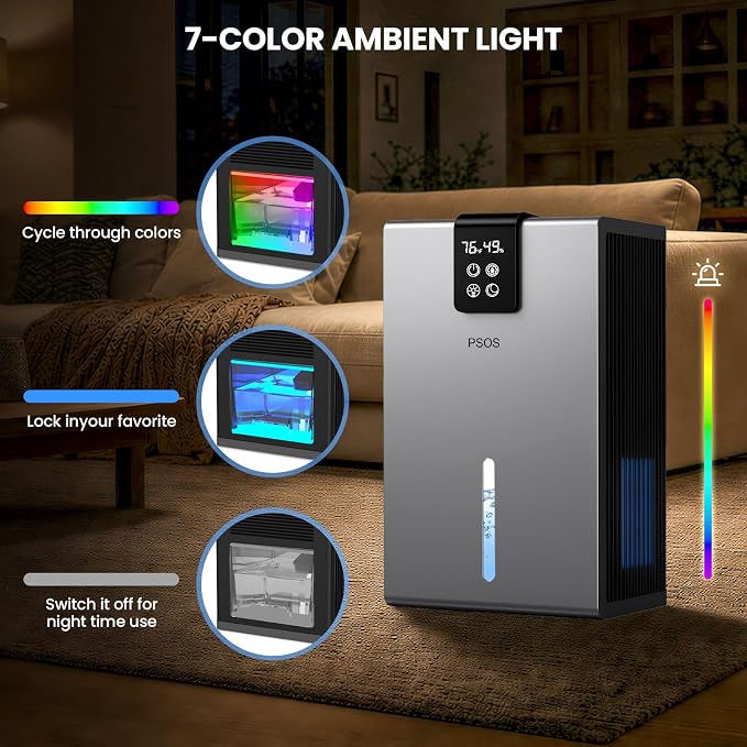 Dehumidifier, Dehumidifiers for Home, 98 OZ Water Tank, (1000 sq.ft) Quiet Dehumidifier for Basement Bathroom Bedroom with Humidity Display, Auto Shut Off, Relaxing 7 Color Ambient Light(Gray)
