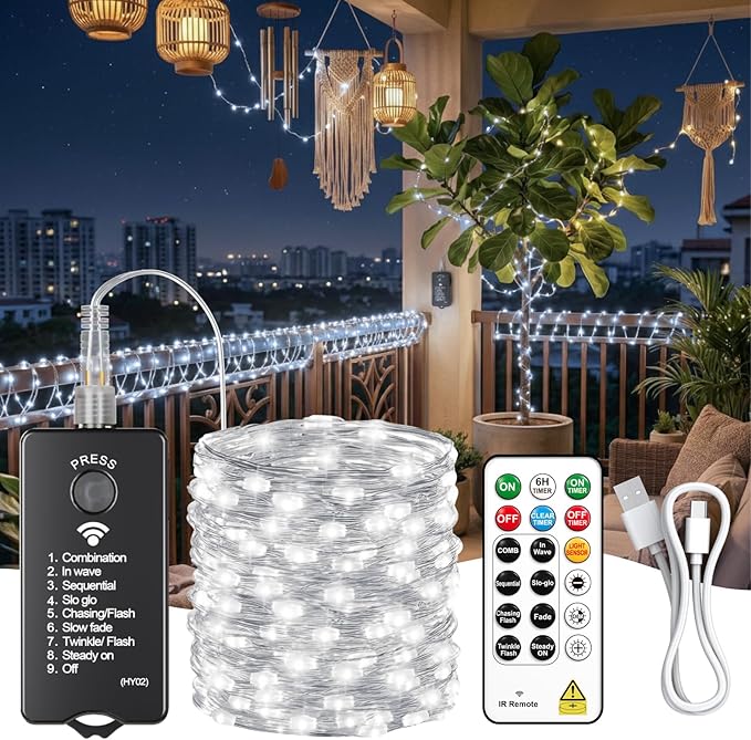 ZSJWL Rechargeable Fairy Lights with Remote，66ft 200 LED Outdoor Battery String Lights with DIY Timer & Light Sensor, Waterproof Dimmable Twinkle Light for Tree Christmas Indoor, White