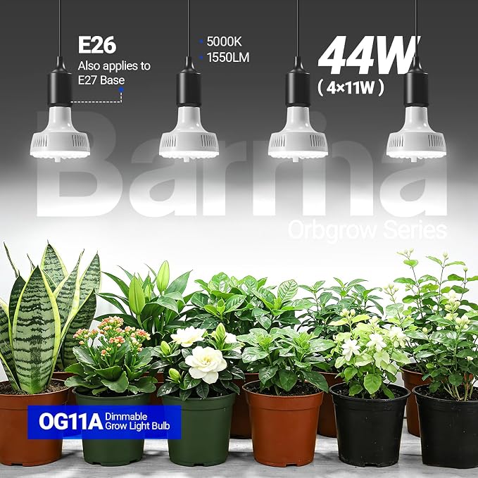 Barrina OG11A Grow Light Bulbs for Indoor Plant, 5000K 11W, 4 Packs, White | Integrated Dimming & Timing, E26 Plant Light Bulb, Full Spectrum, High PPFD for Seeds and Greens
