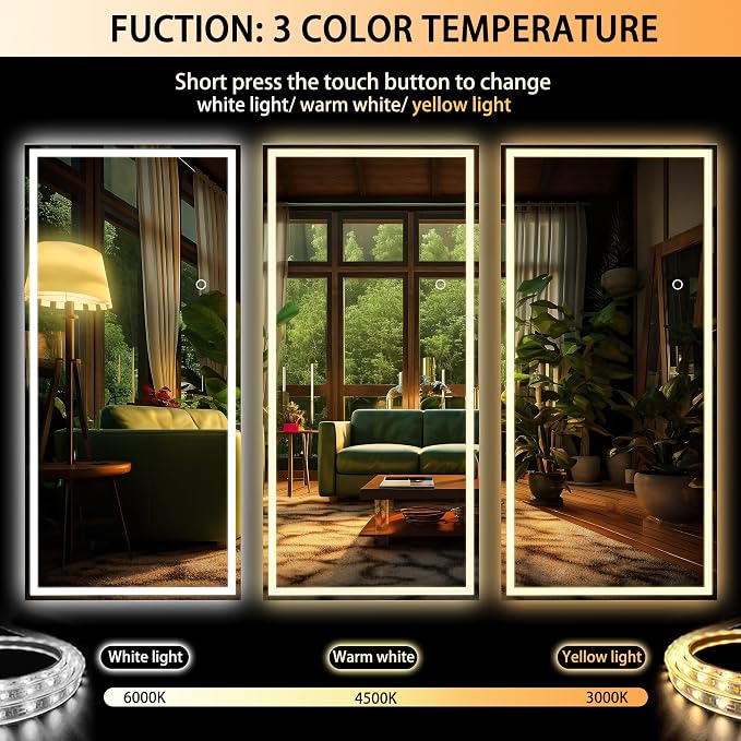 Hasipu Full Length Mirror with Lights, 71" x 32" LED Lighted Floor Standing, Full Body Dressing Hanging Mounted Mirror, Tempered Glass, Square White