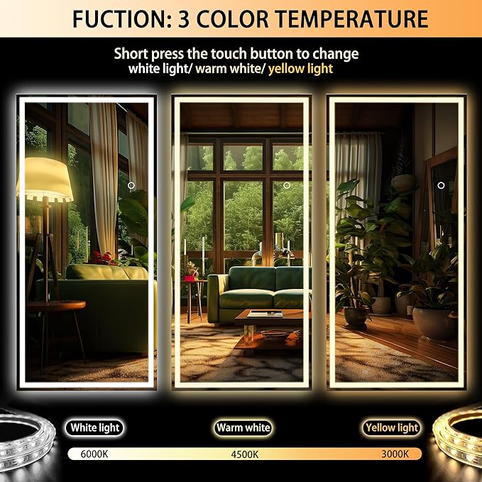Hasipu Full Length Mirror with Lights, 71" x 24" LED Lighted Floor Standing, Full Body Dressing Hanging Mounted Mirror, Tempered Glass, Square White