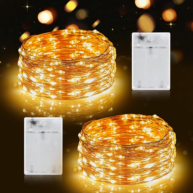Fairy Lights Battery Operated, 2 Pack 33FT 100 LEDs Mini Battery Powered String Lights, Waterproof Copper Wire Twinkle Lights Mason Jar Lights for Indoor Home Wedding Christmas Decoration, Warm White