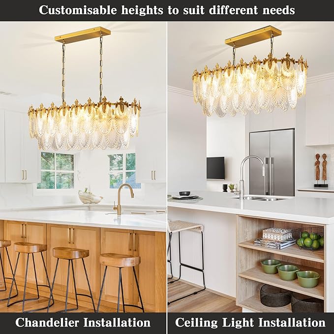Rectangular Crystal Glass Dining Room Chandelier, 8 Light Gold Chandeliers Lighting Fixture, L33.5'' Height Adjustable Oval Ceiling Pendant Light for Office Coffee Over Table Kitchen Island
