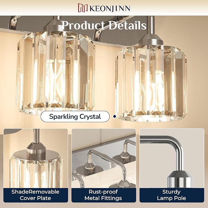 Keonjinn 6-Light Chrome Crystal Bathroom Light Fixtures Over Mirror | Vanity Lighting Fixture with Crystal Square Shades, Dimmable, Modern Style, Compatible with E26 Base LED Bulbs (Exclude Bulb)