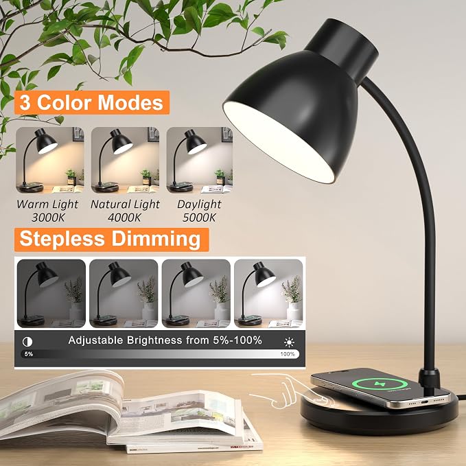 LED Desk Lamp for Home Office with Wireless Charger, Black | 3 Color Modes Dimmable Eye-Caring Study Reading Dorm Desk Lamp, 360° Flexible Arm Table Lamp for College Dorm Room, 800 Lumen