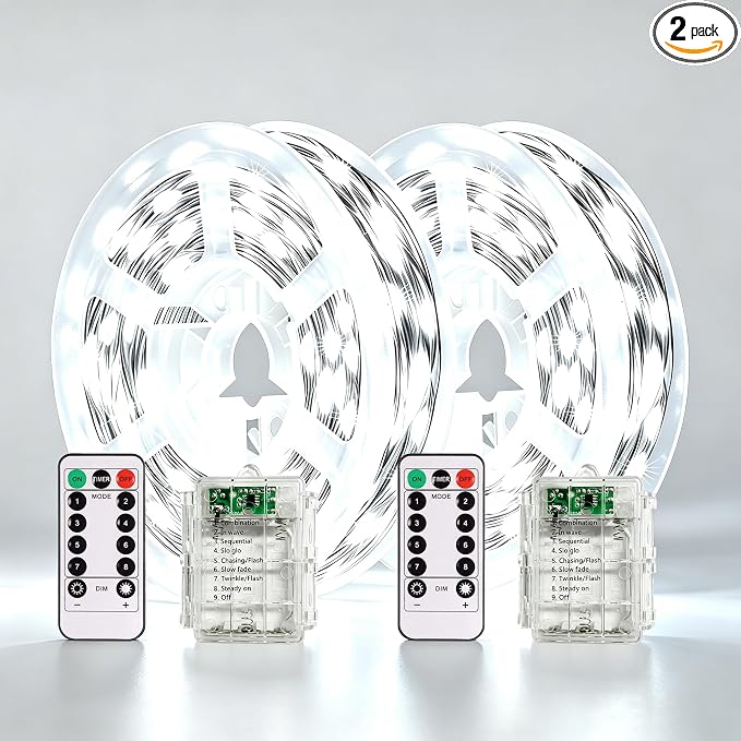 2 Pack Battery Operated LED Fairy Lights with Remote, 33ft 100LED Waterproof Silver Wire Starry Lights with Reel for Wedding Party Christmas Decor, White