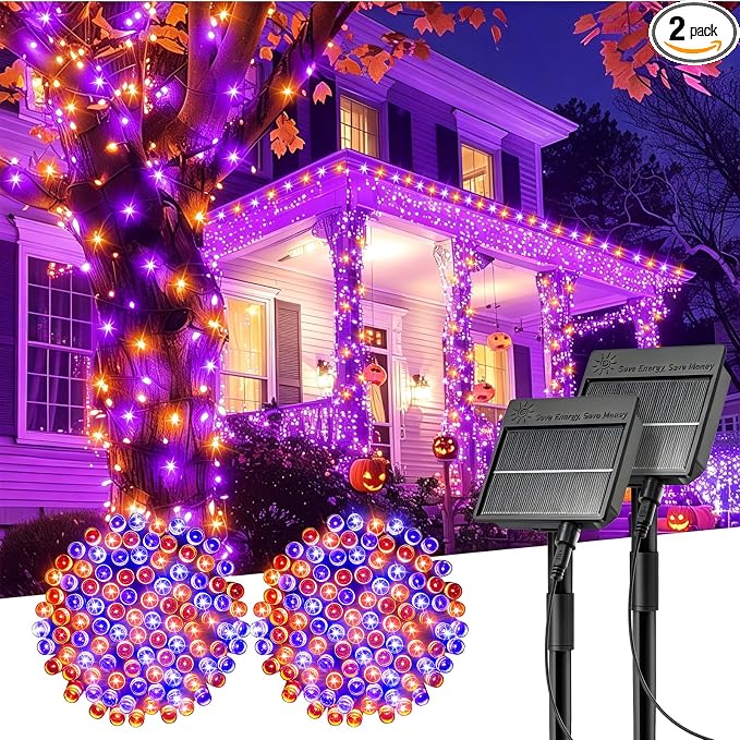 Minetom 2Pack Solar Halloween Lights Outdoor,Total 80FT 200LED String Light | Solar Halloween Decoration Outdoor with 8 Mode, Waterproof Solar String Lights for Outside Tree Yard, Orange & Purple