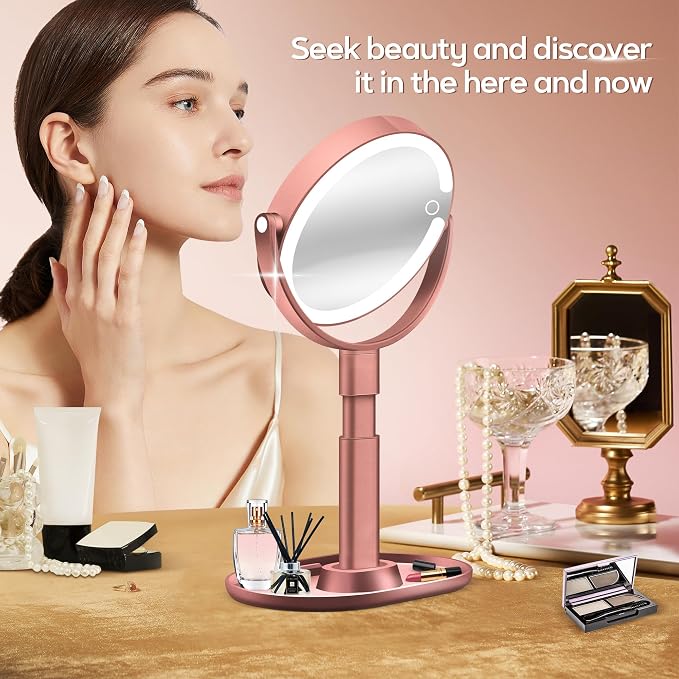 Makeup Mirror with Lights, Lighted Magnifying Mirror 30X with 3 Lighting and Adjustable Brightness, 2-Sided Height Adjustable Vanity Mirror for Bathroom, Gifts for Women Rose Gold