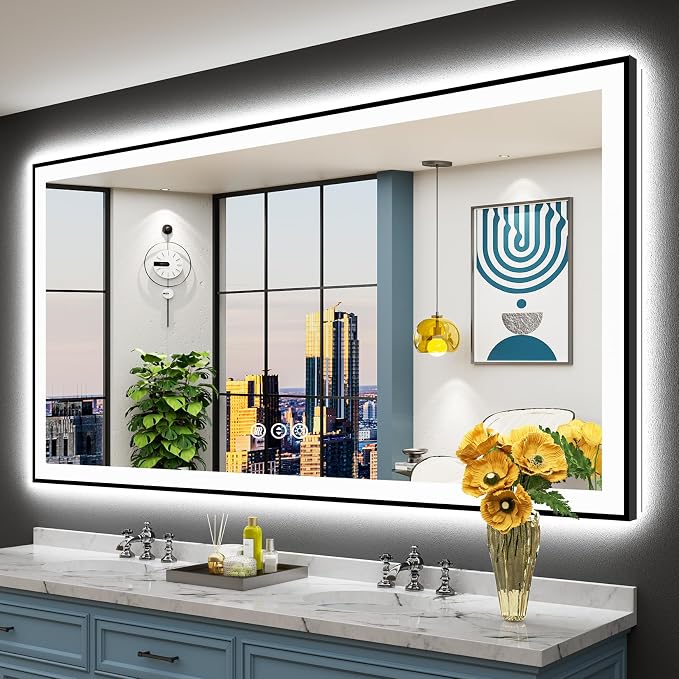 72x40 Black LED Bathroom Mirror, Backlit & Front Lit Lighted Mirror | Metal Framed Anti-Fog Vanity Mirror with Lights, 3 Color Dimmable, Memory, HD Tempered Glass, CRI95, UL Listed, Wall Mounted