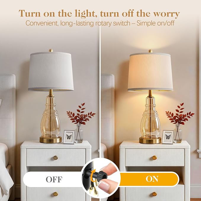 ROTTOGOON Glass Table Lamp Set of 2, Modern Table Lamps for Living Room Bedroom, Bedside Desk Lamps Vintage Nightstand Lamps with Linen Shades, 22", Champagne