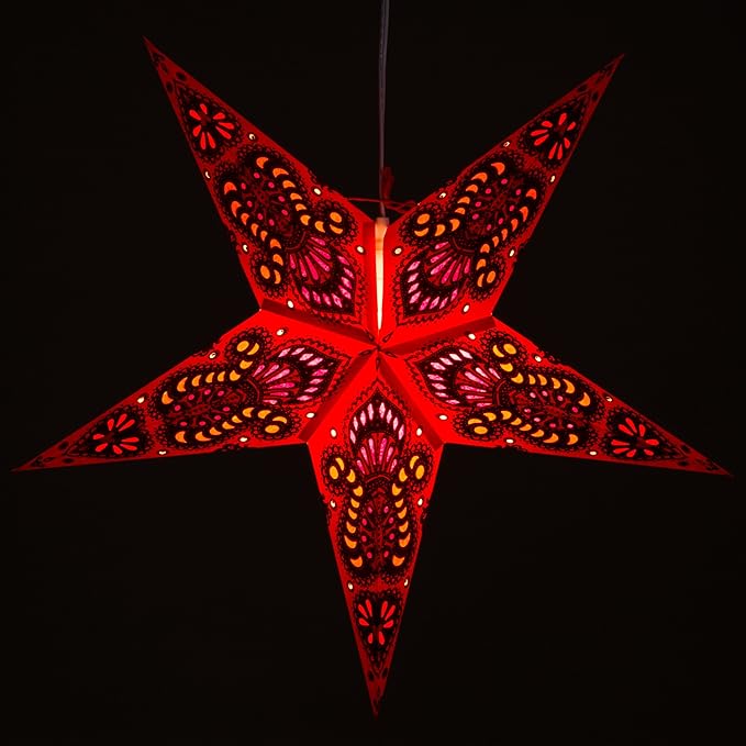 Peacock Paper Star (Red) Lantern with 12 Foot Power Cord Included