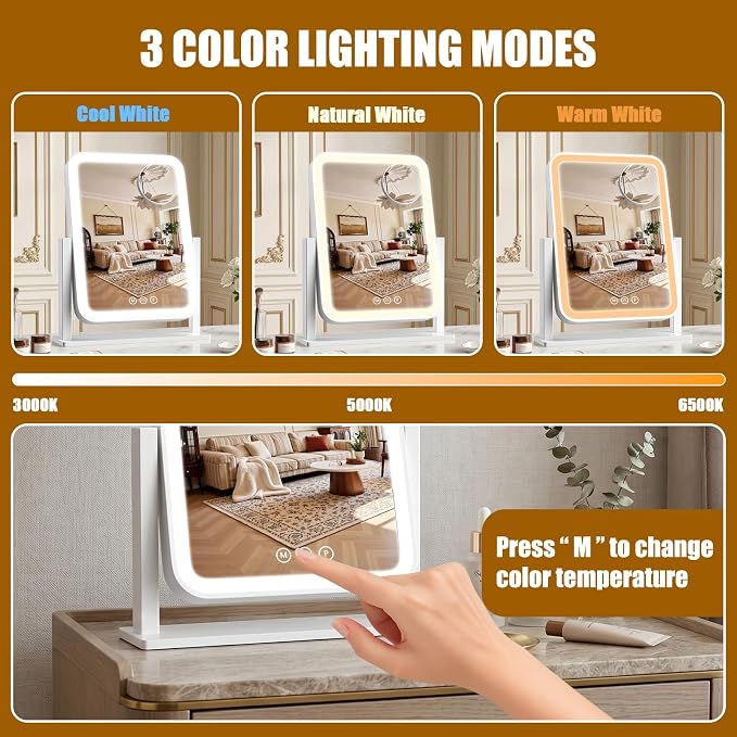 Vanity Mirror with Lights 12.6"x 16.2", LED Makeup Mirror, 3 Color Lighting Modes, 10X Magnification, Smart Touch Control, Dimmable, Aluminum Metal Frame, Lighted Up for Vanity Desk (White)