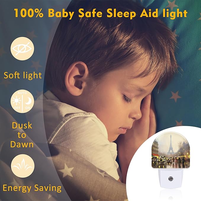 Paris Eiffel Tower Oil Painting Night Light for Kids,City Street Night View Night Light Plug in with Dusk to Dawn Sensor,0.5w Energy Saving Nightlight for Hallway Stairway Kitchen Bedroom