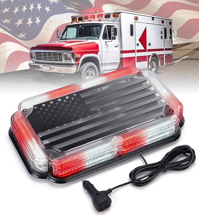 Xprite 108 LED Roof Top Strobe Light, US Flag Pattern Firefighter Flashing Light, Emergency Safety Warning LED Mini Strobe Lightbar w/Magnetic for Fire Truck EMS Ambulances Police Vehicle, Red White