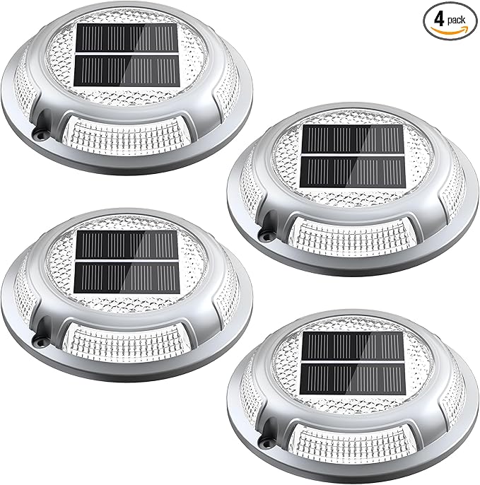 Solar Driveway Lights, 4 Pack Heavy Duty Driveway Lights Solar Powered 2 Color Mode (Cool/Warm White) IP68 Waterproof Outdoor Solar Deck Lights with Ground Stake for Pathway Garden Yard Walkway Dock