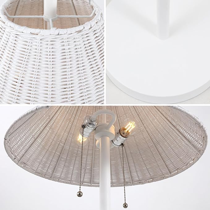 JONATHAN Y Nando 2-Light Coastal Rattan Floor Lamp 61", White | Mid-Century Modern, Standing Lamp, Metal Base, Pull-Chain Switch, Woven Coolie Shade, LED Bulbs Included