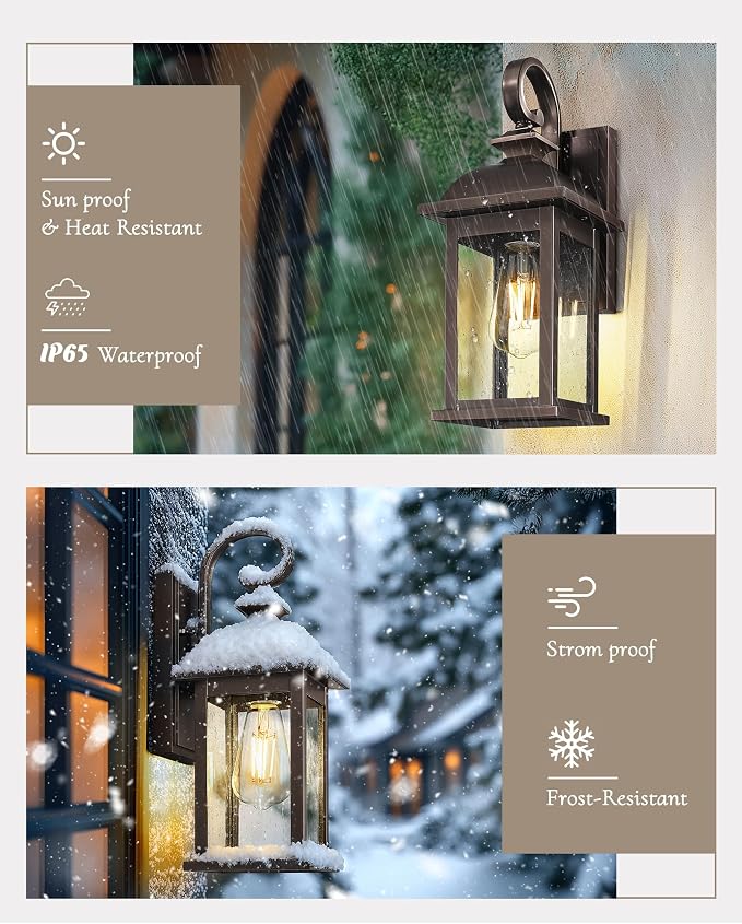 FEMILA 2-Pack Outdoor Wall Sconce Lights Oil Rubbed Bronze, 15" Exterior Outdoor Light Fixtures Wall Mount with Seeded Glass, for Front Porch Patio Garage, 4FD54B-2PK ORB