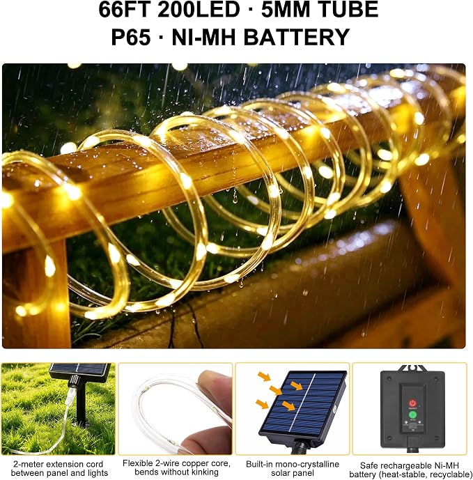 Solar Rope Lights Outdoor Waterproof, 66FT 200 LED Solar String Lights with 8 Lighting Modes,Trampoline Lights, Solar Patio Light for Garden Fence Backyard Deck Porch Pool Tree Christmas Decor