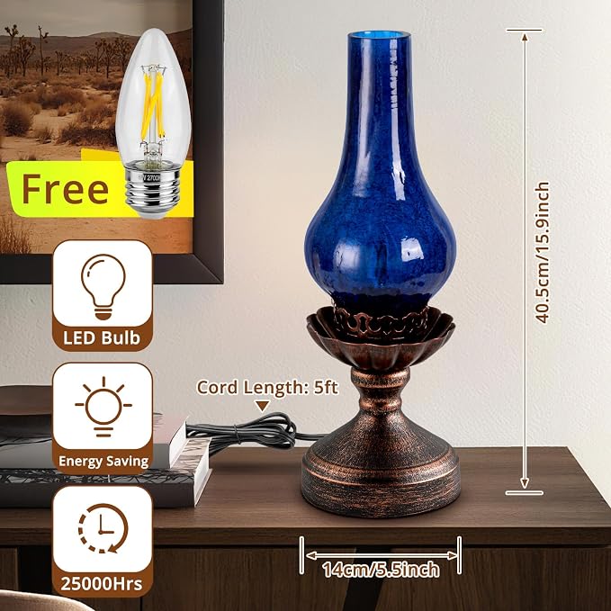 Vintage Table Lamp with Blue Crackle Glass Shade,Touch Control & 3-Way Dimmable Rustic Retro Farmhouse Bedside Lamp for Bedroom, Living Room, Cabin, Office (2700K LED Candle Bulb Included)