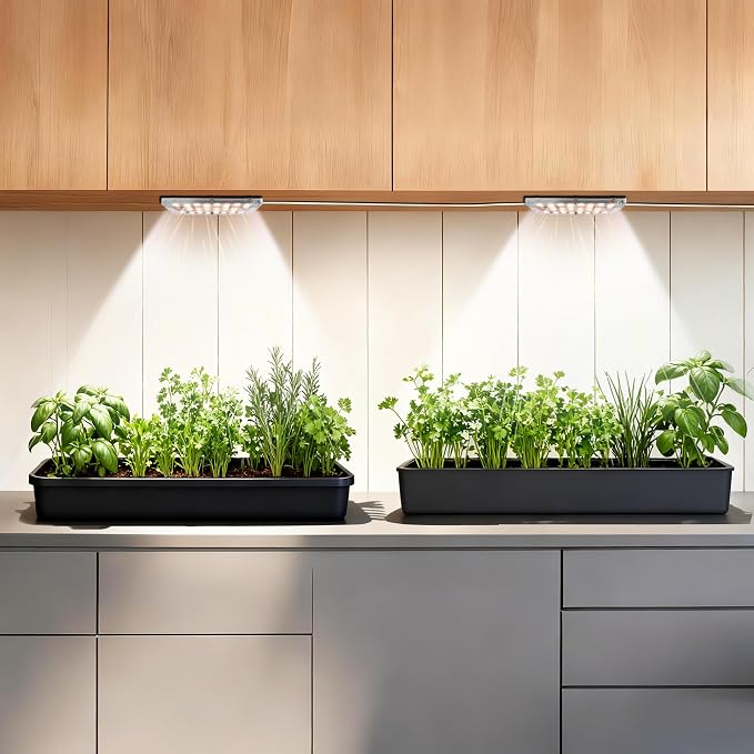 Dual Head Under Shelf Grow Light, Stick On LED Shelf Plant Light with Timer | Dual Head Under Cabinet Grow Light, Full Spectrum 3500K High PPFD LED for Plant Stands, Shelves & Multi-Plant Coverage