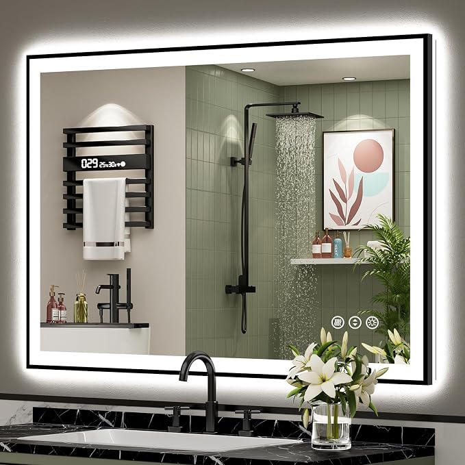 48x36 Black LED Bathroom Mirror, Backlit & Front Lit Lighted Mirror | Metal Framed Anti-Fog Vanity Mirror with Lights, 3 Color Dimmable, Memory, Tempered Glass, CRI95, IP54, Horizontal/Vertical
