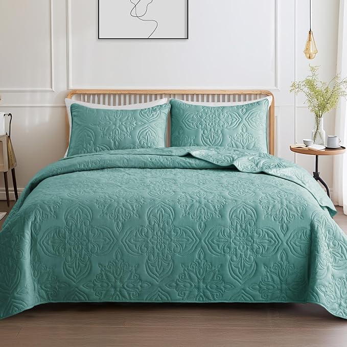 Whale Flotilla Twin Quilt Bedding Set Vintage Damask Reversible Bedspread | Suitable for Bed, 2 Pieces Turquoise Green Lightweight Breathable Quilts Twin Size, Ultrasonic Coverlet with 1 Pillow Sham