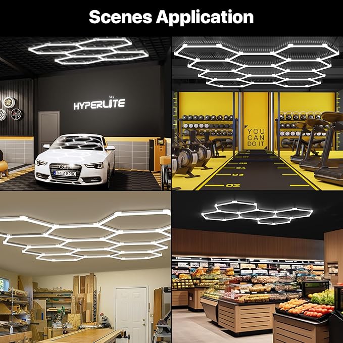 HYPERLITE Gen 2 Hexagon Garage Lights: 624W 62400LM 15 Grids Hexagon Led Lights, 6500K Ultra Bright Honeycomb Hex Lights, Easy Install, Durable Design for Garage, Car Detailing, Workshops, Gym