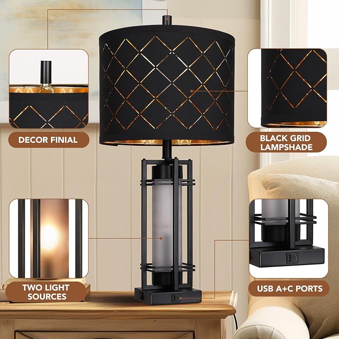 WIHTU 27'' Modern Table Lamp Set of 2 with Nightlight, Metal Bedside Lamps | Black Grid Shade, Square Base, 2 LED Bulbs Included, E26 Base, with USB Port, Rocker Switch, Nightstand Lamps for Bedroom