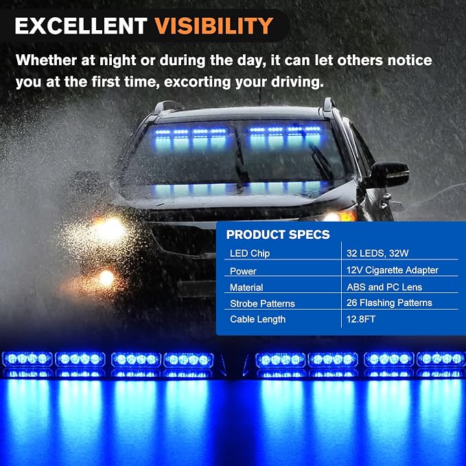 Nilight 32LED Blue Emergency Dash Strobe Lights w/Controller Suction Cups | Warning Hazard Interior Front/Rear Windshield Deck Split Light Bar for Trucks Construction Vehicles