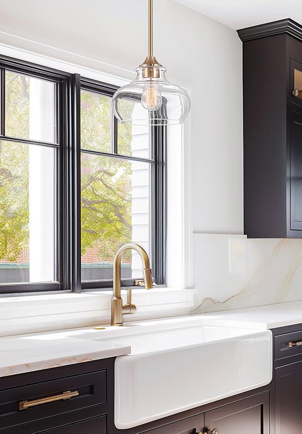 Kira Home Harlow 9" Modern Schoolhouse Pendant Light for Ktichen Island | Clear Glass Shades, Industrial Farmhouse Gold Hanging Fixture, Premium Cool Brass Finish