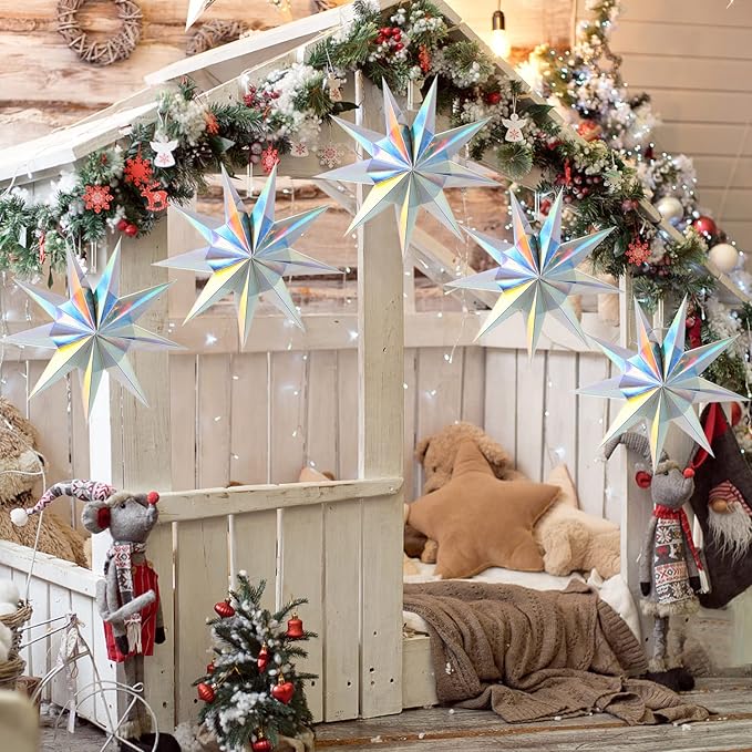 5Pack 9-Pointed Paper Star Lanterns 11.8 Inch Iridescent Hanging Paper Lampshade for Winter Wonderland, Christmas Holiday, Weddings, Frozen Birthday Party Celebration Decor