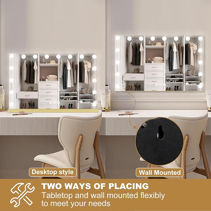 Moonee Vanity Mirror with Lights, Gold Hollywood Lighted Makeup Mirror with 17 Dimmable Bulbs and 10X Magnification, 3 Colors Modes, Aluminum Metal Frame, Light Up Mirror for Tabletop/Wall（26" x 20"）
