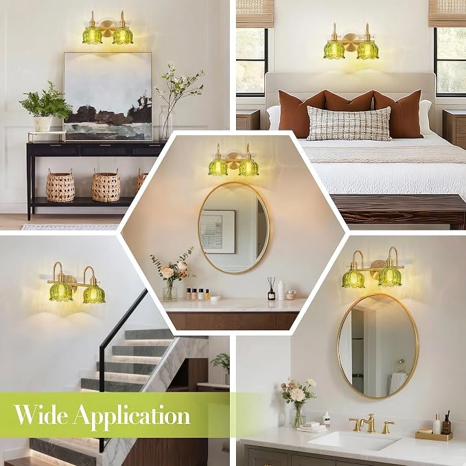 2-Light Vintage Bathroom Light Fixtures, 14.5" Hardwired Vanity Lights with Green Tulip Glass Shades, Brushed Gold Antique Wall Lights for Mirror Restroom Bedroom Living Room(Bulbs Not Included)