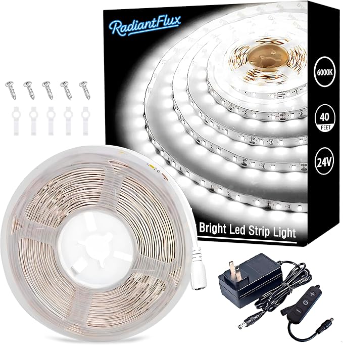 RadiantFlux 40ft 600Leds Super Bright White LED Strip Lights | 12V to 24V Upgraded, Cuttable LED Tape Lights, Flexible Dimmable, For Bedroom Living Room Kitchen Vanity Mirror