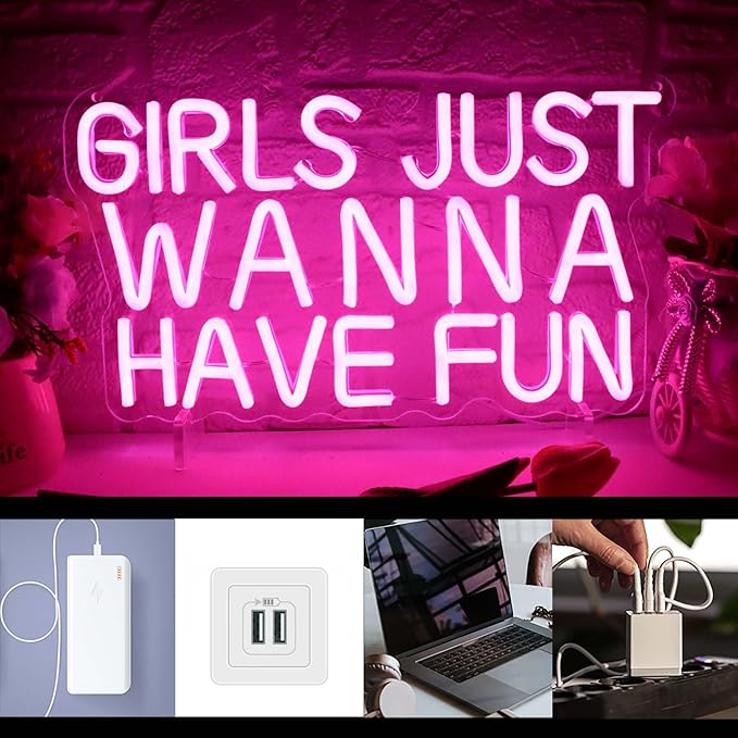 Girls Just Wanna Have Fun Neon Sign for Wall Decor, Retro Style Pink LED Neon Signs, Wedding Party Girl Neon Light Sign,USB Powered for Teen Bedroom Aesthetic Wedding Party Christmas Birthday