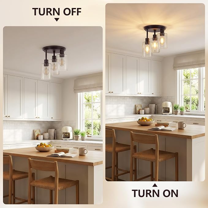 Semi Flush Mount Ceiling Light, 3-Light Close to Ceiling Light Fixtures, Vintage Oil-Rubbed Bronze Finish Kitchen Light Fixture with Clear Seeded Glass Shade Patriot Lighting for Entryway, 8.8"X11"